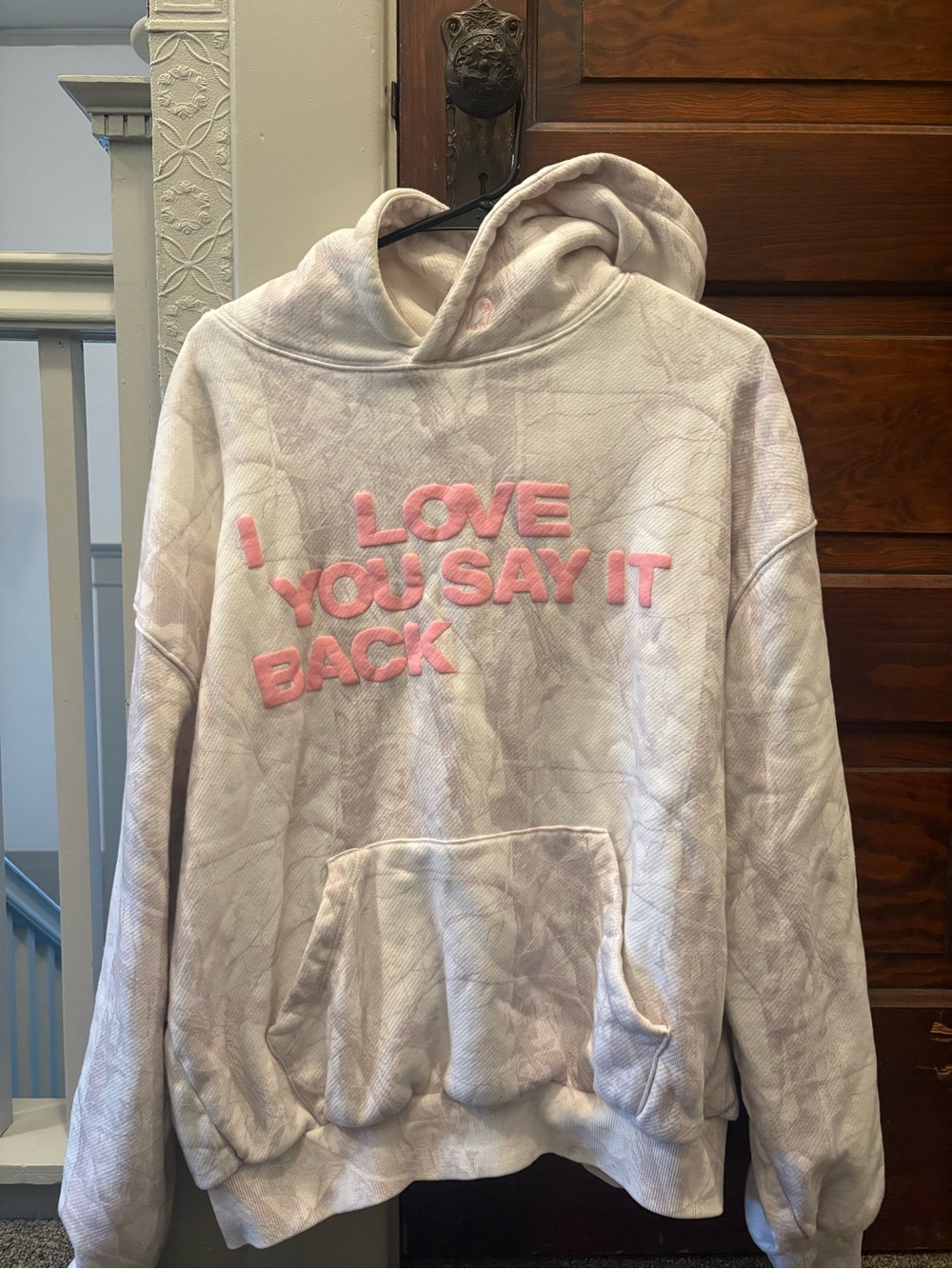 Camo Pullover Hoodie with Pink Appliqué Text